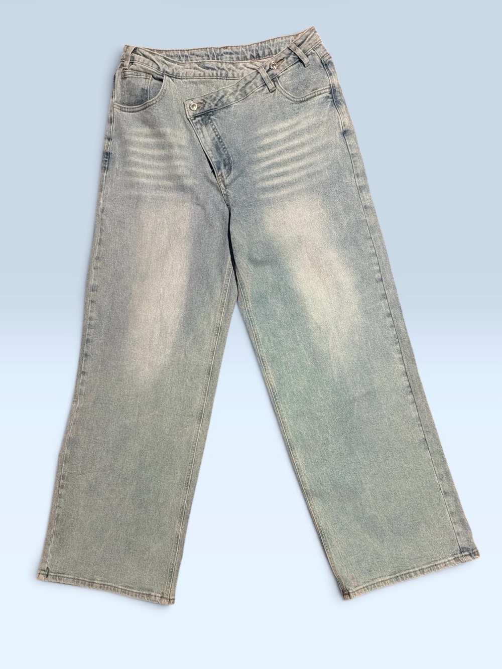 COMMENSE Asymeteical light Washed wide leg Jeans